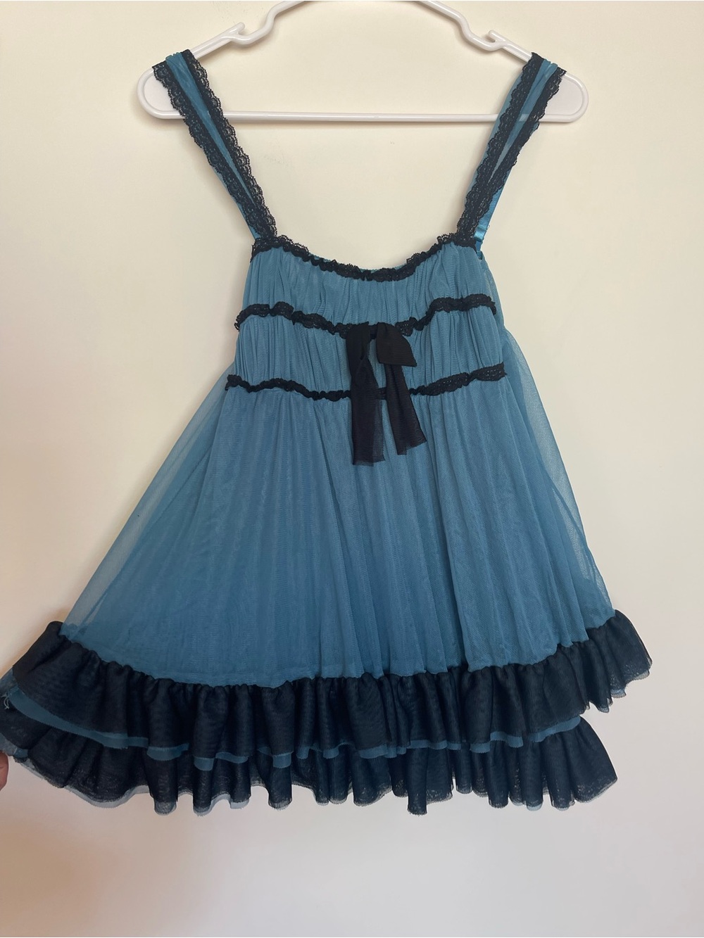 Y2k Vintage Fredrick's of Hollywood Tiered Babydoll Top Blue and Black Lace Trim